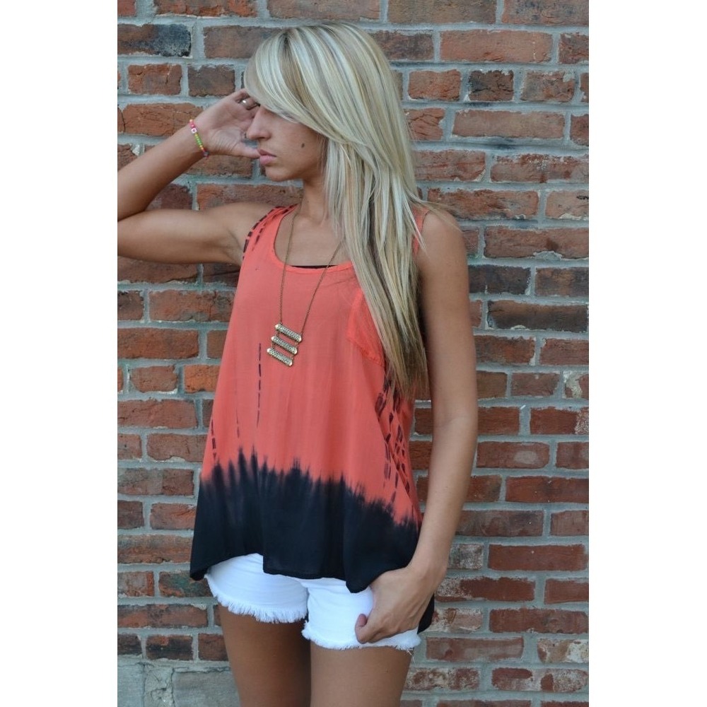Blu Pepper Orange Black Tie Dye Rayon Tank Top Sleeveless Keyhole TA2983 Large